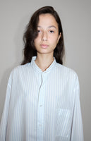 25ss<BR>CristaSeya クリスタセヤ<br>" HANDMADE FRINGED<BR> MAO COLLAR SHIRT "<BR> White with blue stripes<br>ハンドメイドフリンジ<BR>マオカラーシャツ<BR>【1SP-24-CO-ST】【MEN'S/WOMEN'S】