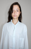 25ss<BR>CristaSeya クリスタセヤ<br>" HANDMADE FRINGED<BR> MAO COLLAR SHIRT "<BR> White with blue stripes<br>ハンドメイドフリンジ<BR>マオカラーシャツ<BR>【1SP-24-CO-ST】【MEN'S/WOMEN'S】