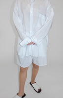 25ss<BR>CristaSeya クリスタセヤ<br>" HANDMADE FRINGED<BR> MAO COLLAR SHIRT "<BR> White with blue stripes<br>ハンドメイドフリンジ<BR>マオカラーシャツ<BR>【1SP-24-CO-ST】【MEN'S/WOMEN'S】